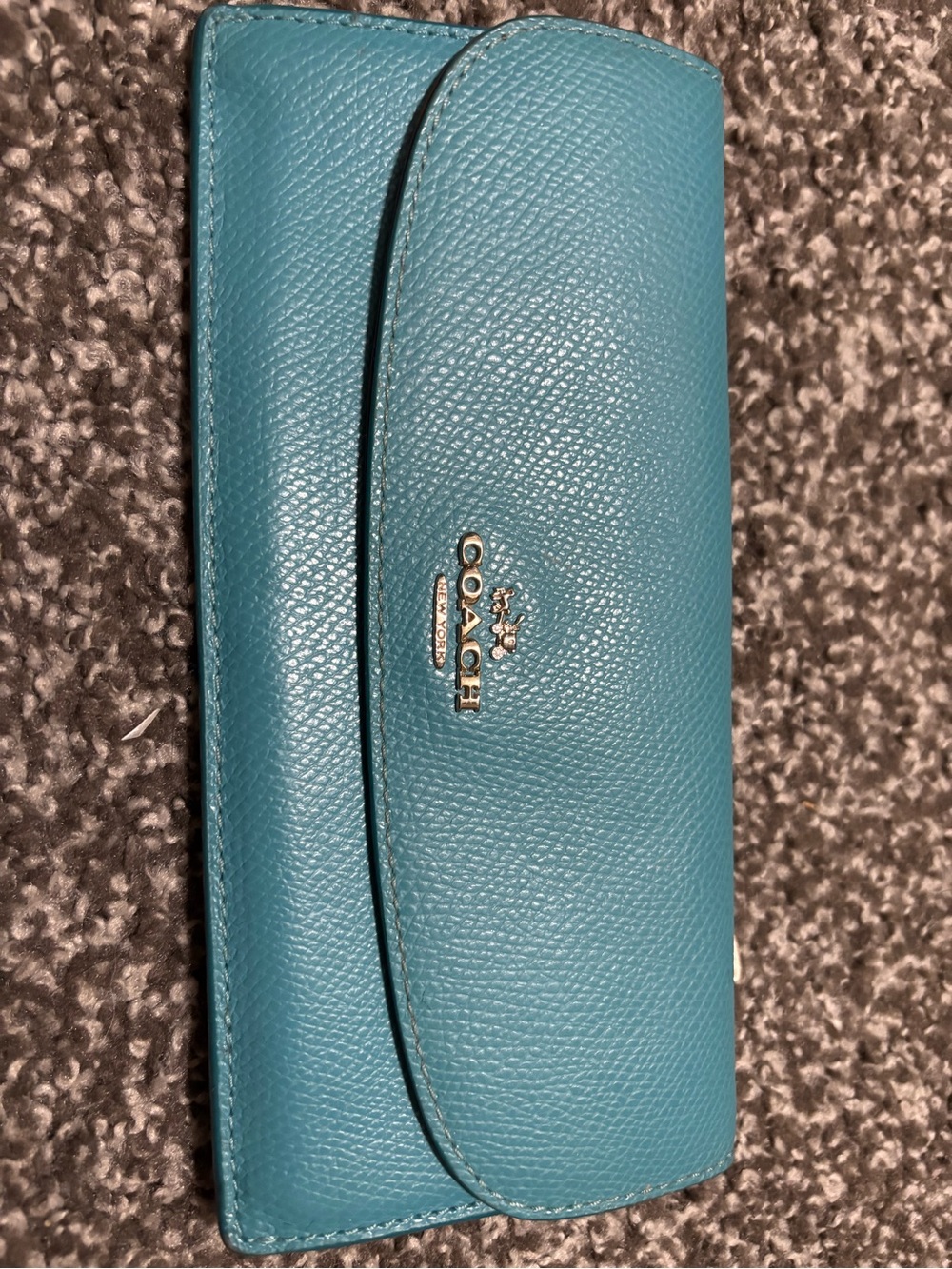 Coach Teal Pebbled Leather Long Wallet with Silver Logo